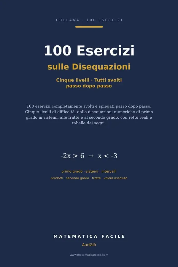 Copertina dell'ebook 100 Esercizi sulle Disequazioni: Disequazioni di primo e secondo grado, sistemi, fratte, valore assoluto e parametriche svolte passo passo, con rette reali ... tabelle dei segni. 5 livelli fino al compi di Auri Giò