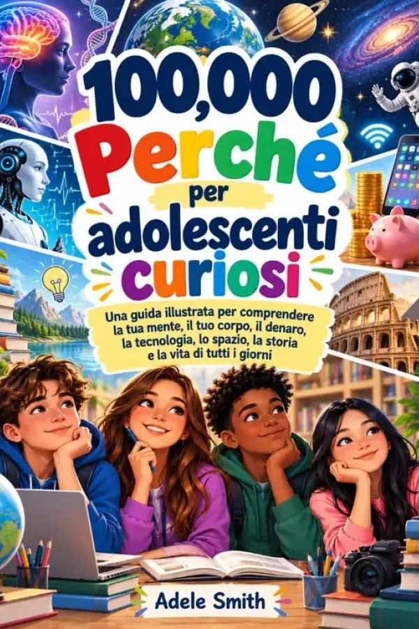 Copertina dell'ebook 100,000 Perché per adolescenti curiosi: Una guida illustrata per comprendere la tua mente, il tuo corpo, il denaro, la tecnologia, lo spazio, la storia e la vita di tutti i giorni di Adele Smith