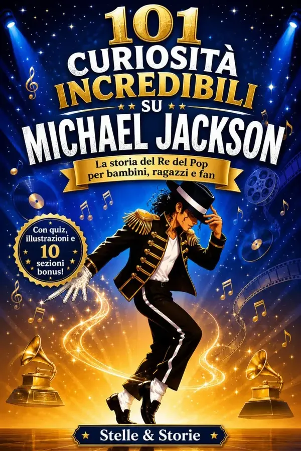 Copertina dell'ebook 101 Curiosità Incredibili su Michael Jackson: La storia del Re del Pop raccontata per bambini, ragazzi e fan - con illustrazioni, quiz e fatti che ti lasceranno a bocca aperta di Stelle e Storie