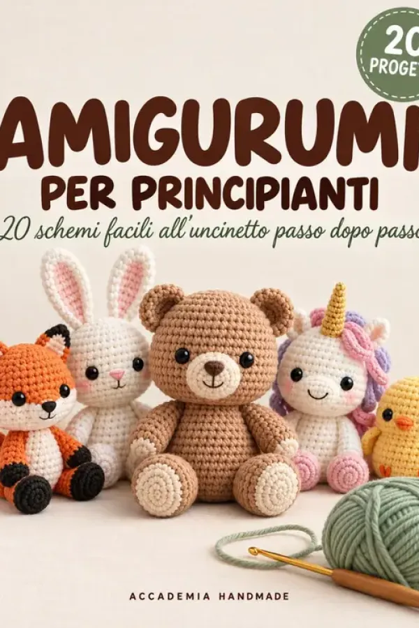 Copertina dell'ebook Amigurumi per Principianti: Il libro in italiano con 20 schemi facili all'uncinetto per creare teneri animali passo dopo passo di Accademia Handmade