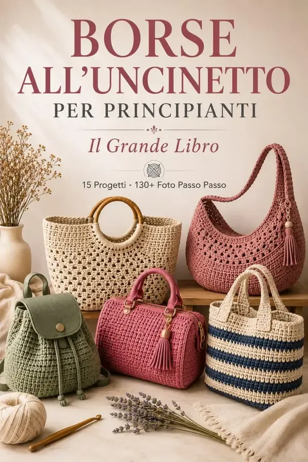 Copertina dell'ebook Borse all'Uncinetto per Principianti - Il Grande Libro: 15 Progetti con Oltre 130 Foto Passo Passo - Tote, Hobo, Bauletto, Zaino, Borsa da Spiaggia | Manici, Chiusure, Fodere e Finiture di Accademia Handmade