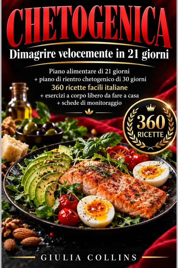Copertina dell'ebook CHETOGENICA, DIMAGRIRE VELOCEMENTE CON PIANO DI 21 GIORNI: + Piano di Rientro Chetogenico di 30 giorni + Esercizi a Corpo Libero da fare a Casa con Schede di Monitoraggio + 360 ricette italiane di Giulia Collins