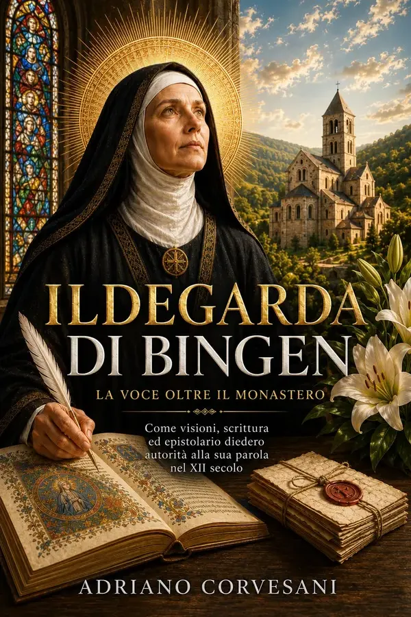 Copertina dell'ebook Ildegarda di Bingen, la voce oltre il monastero: Come visioni, scrittura ed epistolario diedero autorità alla sua parola nel XII secolo di Adriano Corvesani