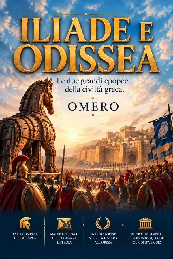 Copertina dell'ebook ILIADE E ODISSEA: 2 libri in 1. La saga completa e definitiva dei poemi epici di Omero, riscritta in linguaggio moderno, in una nuova edizione da collezione. Numerosi BONUS inclusi di Amedeo Tesei