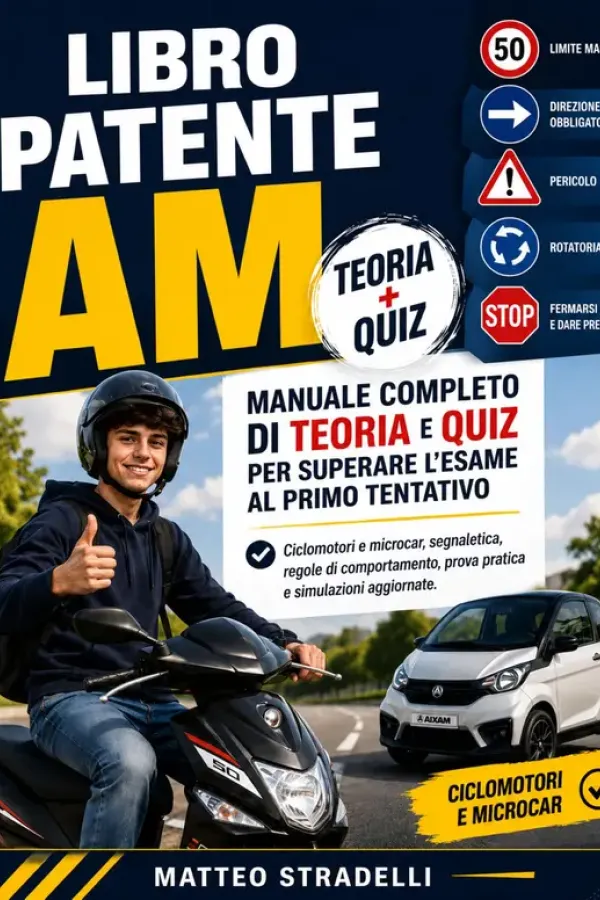 Copertina dell'ebook Libro Patente AM : Manuale Completo di Teoria e Quiz per Superare L'esame al Primo Tentativo, Ciclomotori e Microcar, Segnaletica, Regole di Comportamento, Prova Pratica e Simulazioni Aggiornate di Marco Stradelli