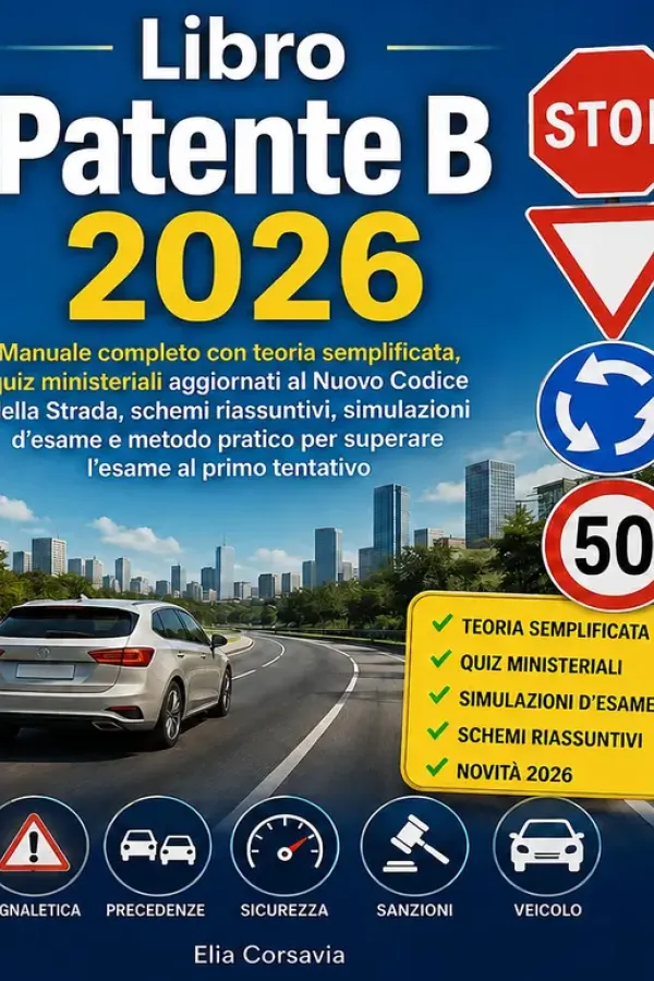 Copertina dell'ebook Libro Patente B 2026: Manuale Completo con Teoria Semplificata, Quiz Ministeriali Aggiornati al Nuovo Codice della Strada, Schemi Riassuntivi, Simulazioni ... e Metodo Pratico per Superare L'esame di Elia Corsavia
