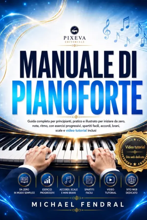 Copertina dell'ebook Manuale di pianoforte : Guida completa per principianti, pratico, illustrato per iniziare da zero, note, ritmo, con esercizi progressivi, spartiti facili, accordi, brani, scale e video tutorial inclu di Michael Fendral