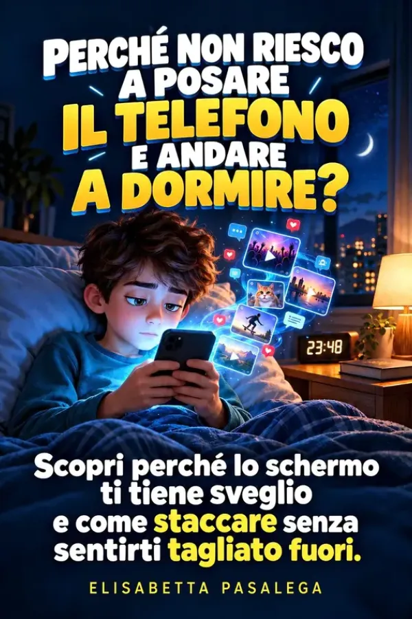 Copertina dell'ebook PERCHÉ NON RIESCO A POSARE IL TELEFONO E ANDARE A DORMIRE: Scopri perché TikTok, YouTube, chat e notifiche ti tengono sveglio, cosa succede se dormi poco ... tagliato fuori (MISSIONE DIGITALE Vol. 7) di Elisabetta Pasalega