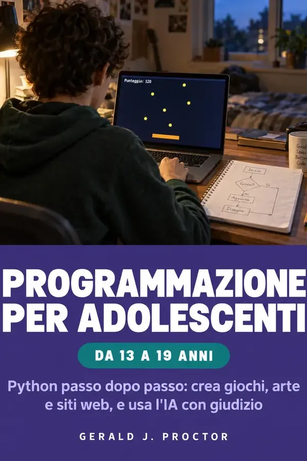 Copertina dell'ebook PROGRAMMAZIONE PER ADOLESCENTI DA 13 A 19 ANNI: Python passo dopo passo: crea giochi, arte e siti web, e usa l'IA con giudizio di Gerald J. Proctor