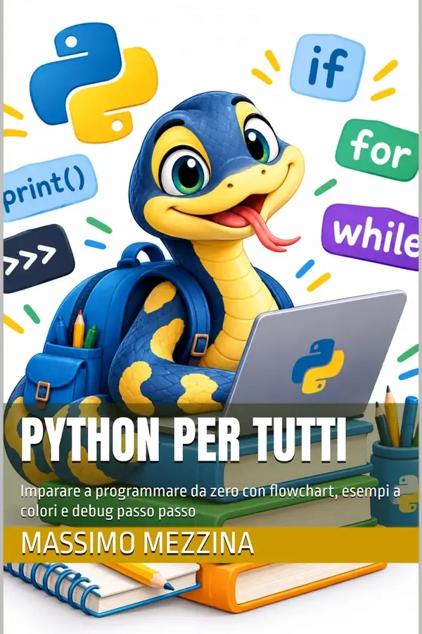 Copertina dell'ebook Python per tutti: Imparare a programmare da zero con flowchart, esempi a colori e debug passo passo di Pasquale Massimo Mezzina