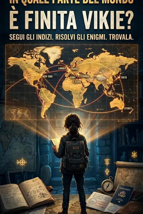 Copertina dell'ebook In quale parte del mondo è finita Vikie?: Segui gli indizi. Risolvi gli enigmi. Trovala. Un libro enigmistico narrativo per adulti: rompicapi, indizi e misteri da risolvere in viaggio di Ellie Adams