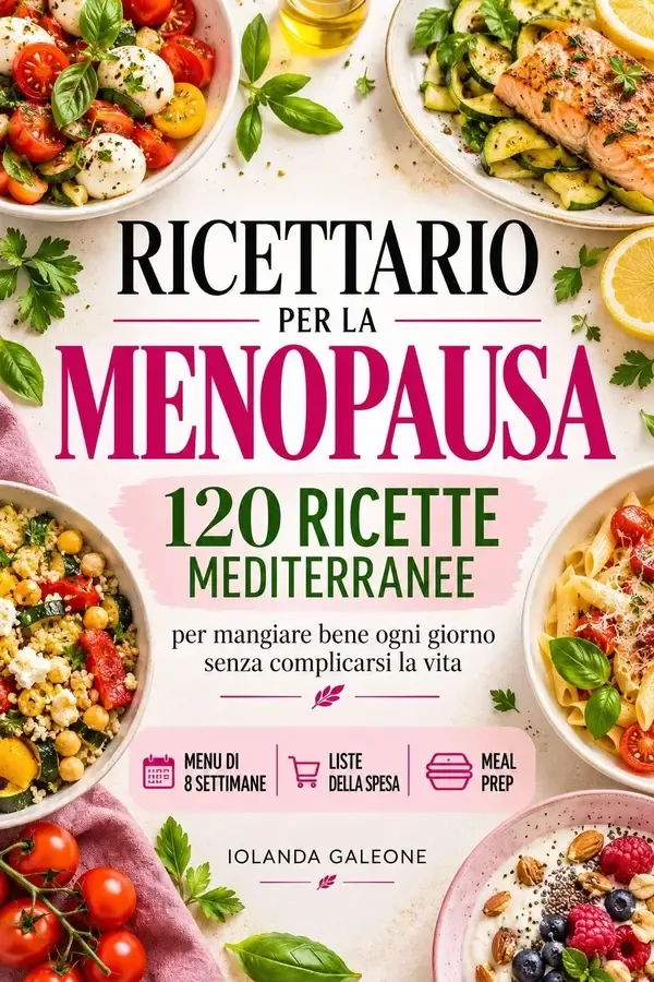 Copertina dell'ebook RICETTARIO PER LA MENOPAUSA: 120 ricette mediterranee per mangiare bene ogni giorno senza complicarsi la vita. Menu di 8 settimane, liste della spesa e ... Antinfiammatoria e Benessere in Menopausa) di Iolanda Galeone