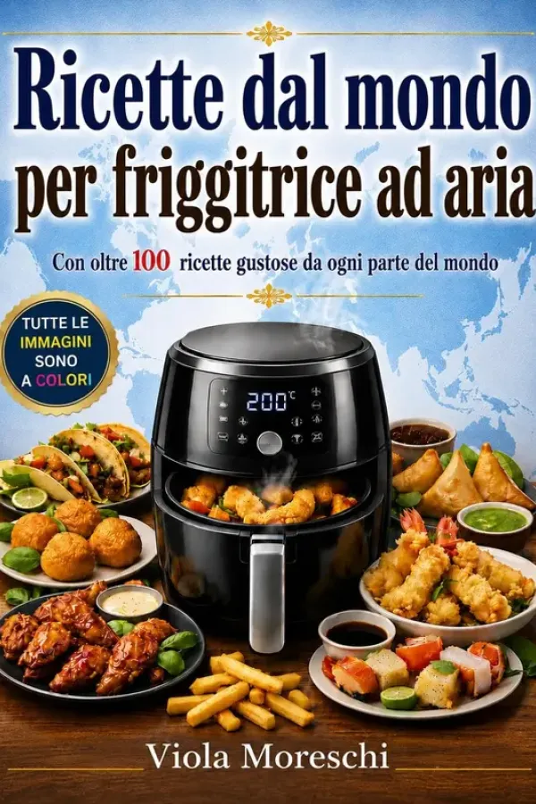 Copertina dell'ebook Ricette da mondo per friggitrice ad aria: Oltre 100 ricette gustose da ogni parte del mondo tutte a colori: America , Asia ,Europa , Africa , Medio Oriente , Oceania , Dolci e specialità di Viola Moreschi
