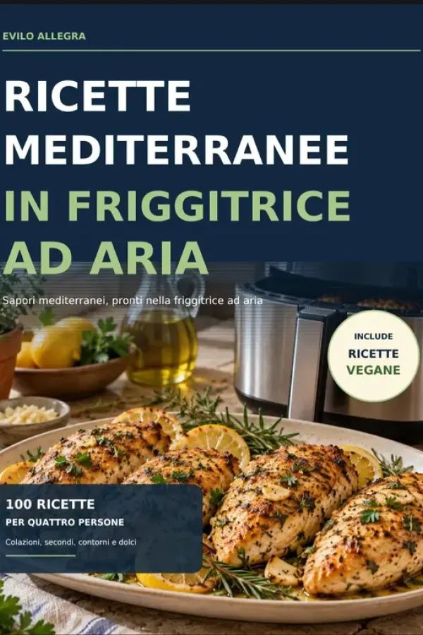 Copertina dell'ebook Ricette mediterranee in friggitrice ad aria : 100 ricette per quattro persone, dalle colazioni ai dolci, con due sezioni vegane di Evilo Allegra