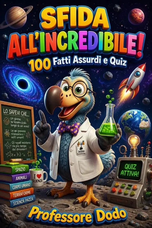 Copertina dell'ebook SFIDA ALL'INCREDIBILE!: 100 FATTI ASSURDI E QUIZ PER MENTI CURIOSE: Un Viaggio tra Scienza Folle, Misteri della Natura e Storie Pazze di Professor Dodo