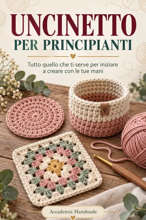 Copertina dell'ebook Uncinetto per Principianti: Guida Completa per Imparare da Zero con 15 Punti Decorativi, 10 Progetti Passo Passo e Percorso di 30 Giorni di Accademia Handmade